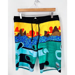 Quiksilver Abstract Multicolor Beach Scene Casual Board Shorts Men's Size 34